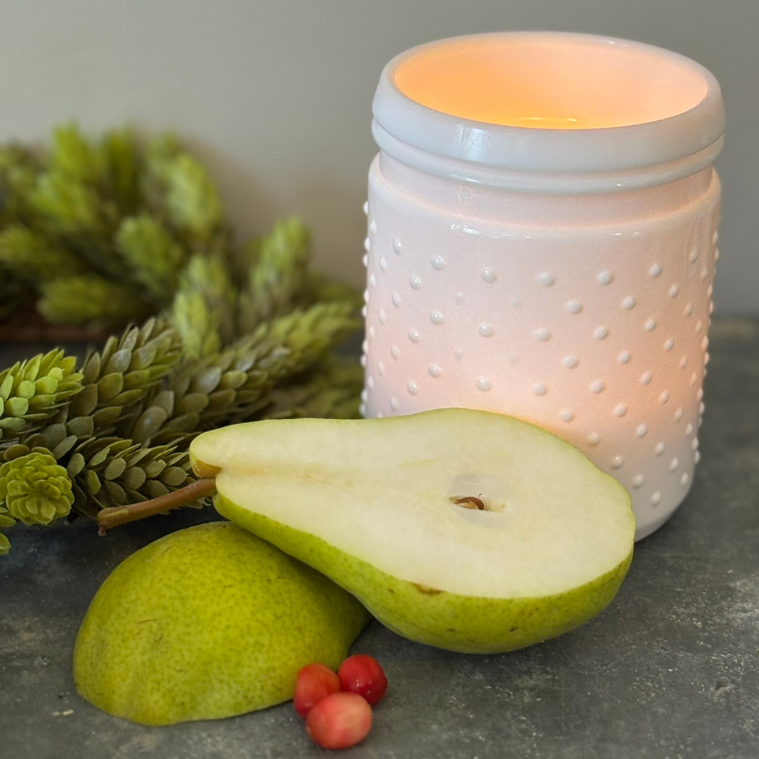 Red Currant Pear Soy Candle in White Hobnail Jar