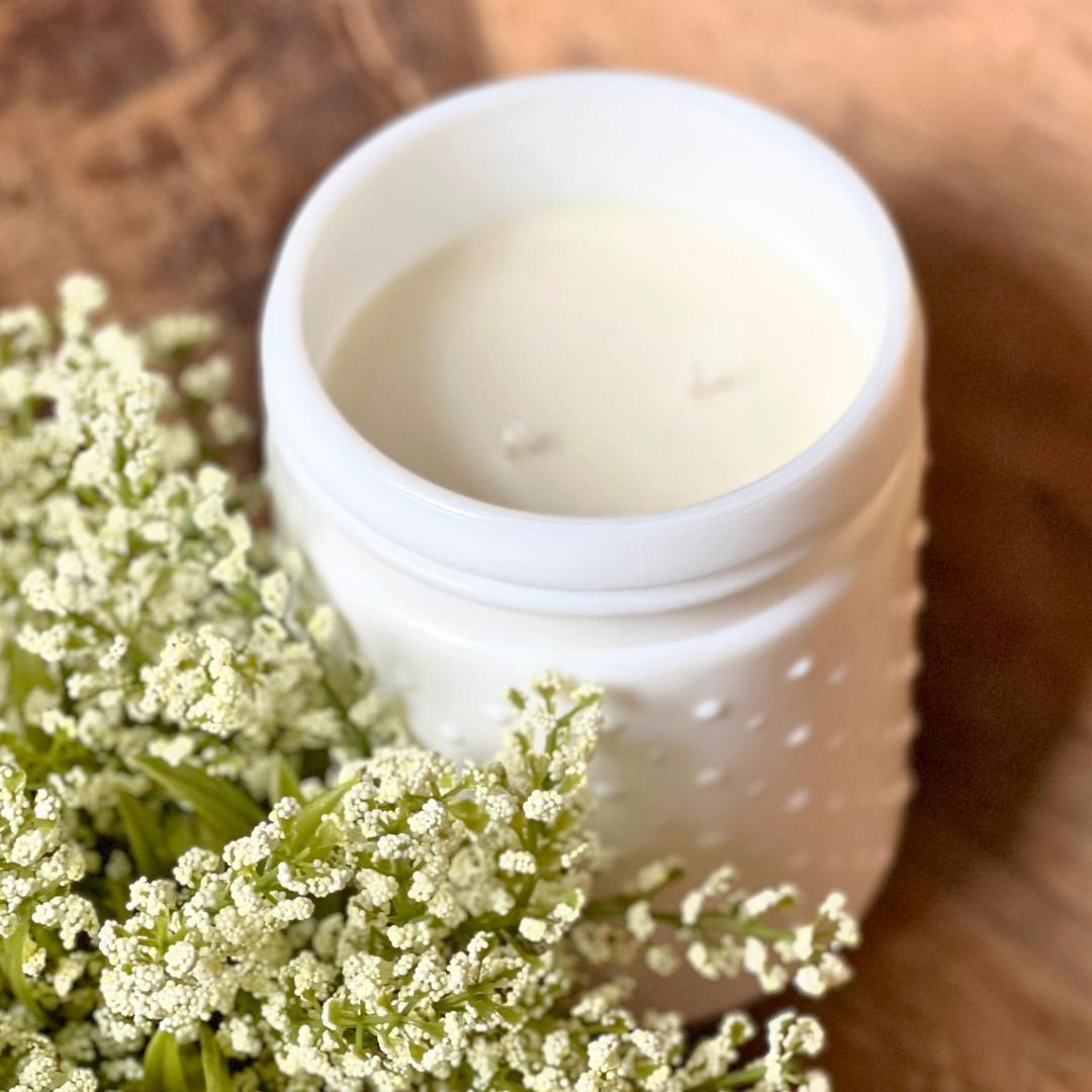 Blush Soy Candle in White Hobnail Jar