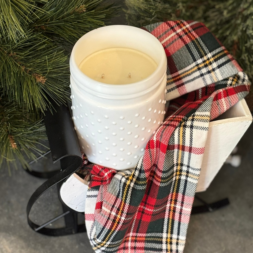 Sleigh Ride Soy Candle in White Hobnail Jar | Fir Scented Candle | Best Holiday Candle