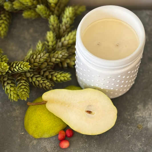 Red Currant Pear Soy Candle in White Hobnail Jar