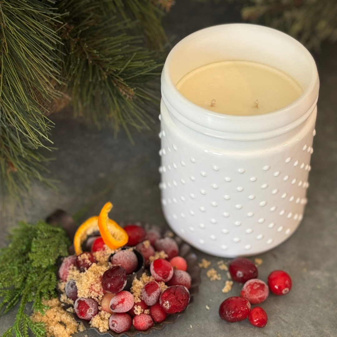 Farmhouse Christmas Soy Candle in White Hobnail Jar | Christmas Candle