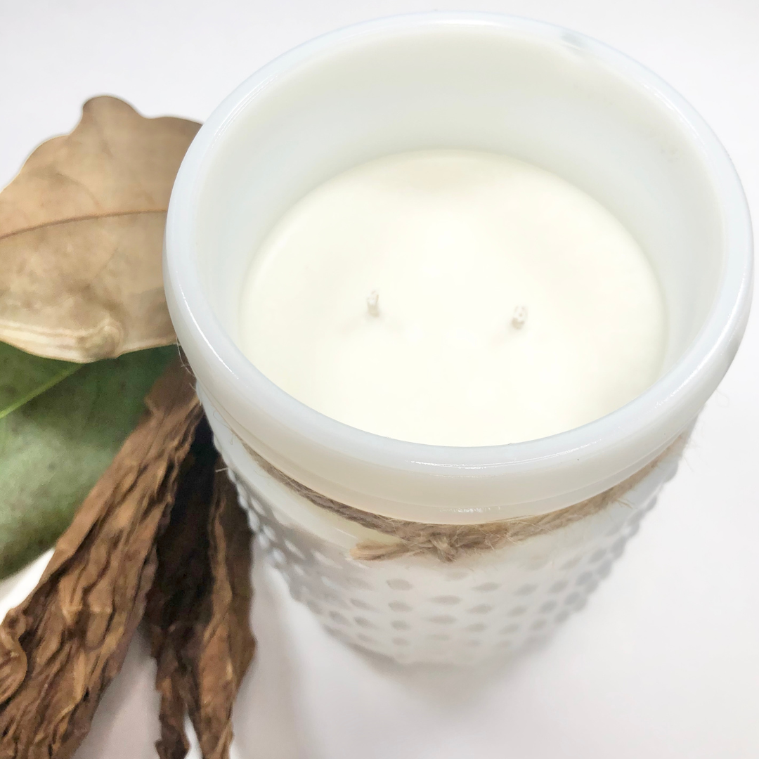 Tobacco Barn Soy Candle in White Hobnail Jar