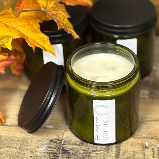Autumn Soy Candle in Vintage Green Jar with Lid