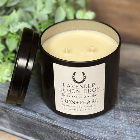 Lavender Lemon Drop Soy Candle in Black Tin with Lid
